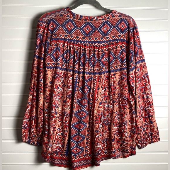 LUCKY BRAND Top Womens L Peasant Blouse Popover Long Sleeve Cotton Linen Red - Picture 4 of 7